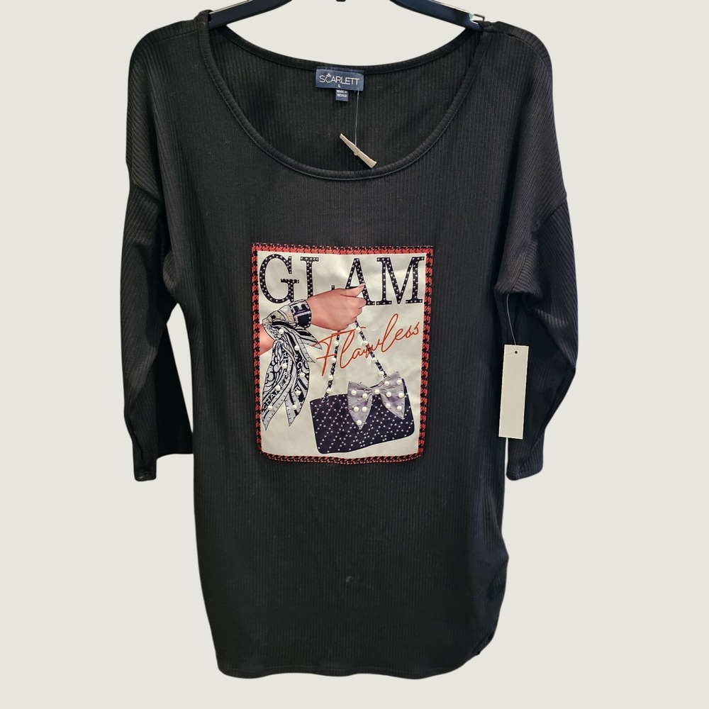 Scarlett Brand Glam Black Top With Graphic Womens Large Ruched